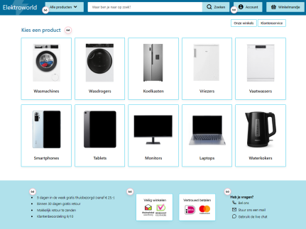 De afbeelding is een screenshot van een webshop waar apparaten worden verkocht. Je ziet plaatjes van wasmachines, een koelkast, vriezer, vaatwasser, telefoons, computerscherm, laptop en waterkoker.