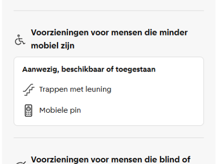 Voorbeeld toegankelijkheidstool. Tekst 'Algemene voorzieningen', aanwezig, beschikbaar of toegestaan' pictogram van een aangeleide hond, tekst Assistentiehond toegestaan.