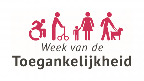 Logo van de Week van de Toegankelijkheid met vier iconen die mensen met een beperking illustreren. Iemand in een rolstoel, iemand met een rollator, een vrouw met een klein kind aan haar hand en een persoon met een blindegeleidehond.