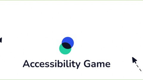 het logo van Accessibility is in beeld met de tekst Accessibility game eronder, ook zie je nog twee pijltjes en een oogje in beeld