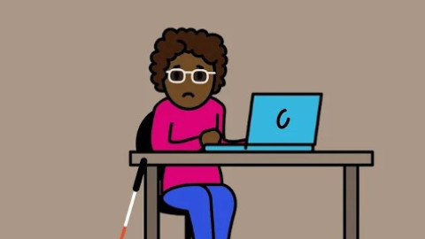 Een tekening van een blinde dame zittend achter een bureau waarop een laptop staat
