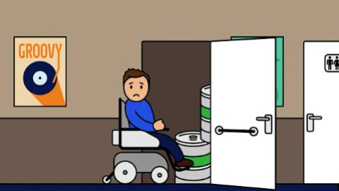 Tekening van een man in een rolstoel die probeert een toiletruimte in de gaan, die volstaat met biervaten.