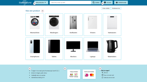 De afbeelding is een screenshot van een webshop waar apparaten worden verkocht. Je ziet plaatjes van wasmachines, een koelkast, vriezer, vaatwasser, telefoons, computerscherm, laptop en waterkoker.