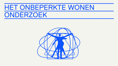 Het beeldmerk is een blauw poppetje dat omringd is door blauwe ringen en een vierkant in het blauw. Boven het beeldmerk staat de tekst 'het onbeperkte wonen onderzoek'