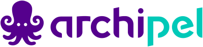 Logo archipel met een paars icoon van een octopus en de eerste vijf letters van de naam archipel zijn paars en de laatste drie letters zijn groen
