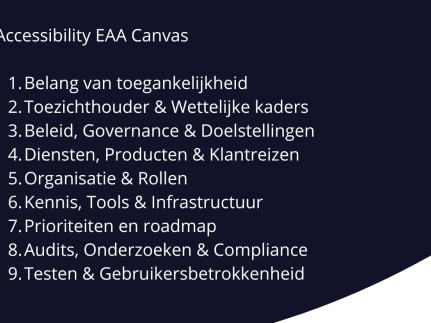 Accessibility Canvas 1.	Belang van toegankelijkheid 2.	Toezichthouder & Wettelijke kaders 3.	Beleid, Governance & Doelstellingen 4.	Diensten, Producten & Klantreizen 5.	Organisatie & Rollen 6.	Kennis, Tools & Infrastructuur 7.	Prioriteiten en roadmap 8.	Audits, Onderzoeken & Compliance 9.	Testen & Gebruikersbetrokkenheid