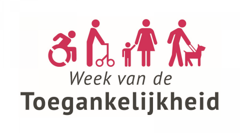 Logo van de Week van de Toegankelijkheid met vier iconen die mensen met een beperking illustreren. Iemand in een rolstoel, iemand met een rollator, een vrouw met een klein kind aan haar hand en een persoon met een blindegeleidehond.