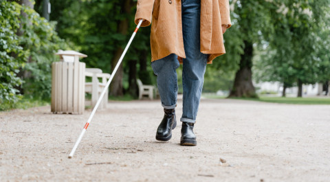 Een persoon loopt over een wandelpad in een park met geleidestok.