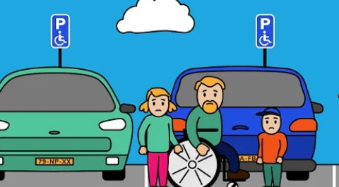 Een tekening van een man in een rolstoel die vergezeld wordt door zijn dochter en zoon. Ze staan achter hun auto op een parkeerterrein bij een invalideplek die niet breed genoeg is.