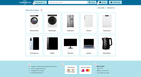 De afbeelding is een screenshot van een webshop waar apparaten worden verkocht. Je ziet plaatjes van wasmachines, een koelkast, vriezer, vaatwasser, telefoons, computerscherm, laptop en waterkoker.